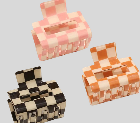 3 Piece Small Glossy Checkered Acrylic Hair Clips