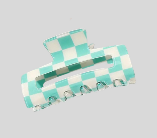 Blue Glossy Checkered Acrylic Hair Clip