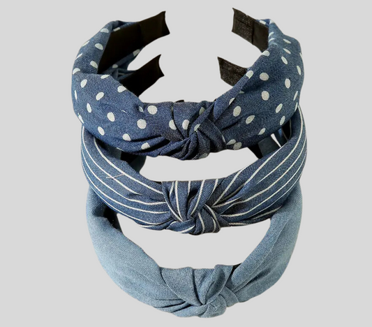 3 Piece Knotted Blue Denim Headbands